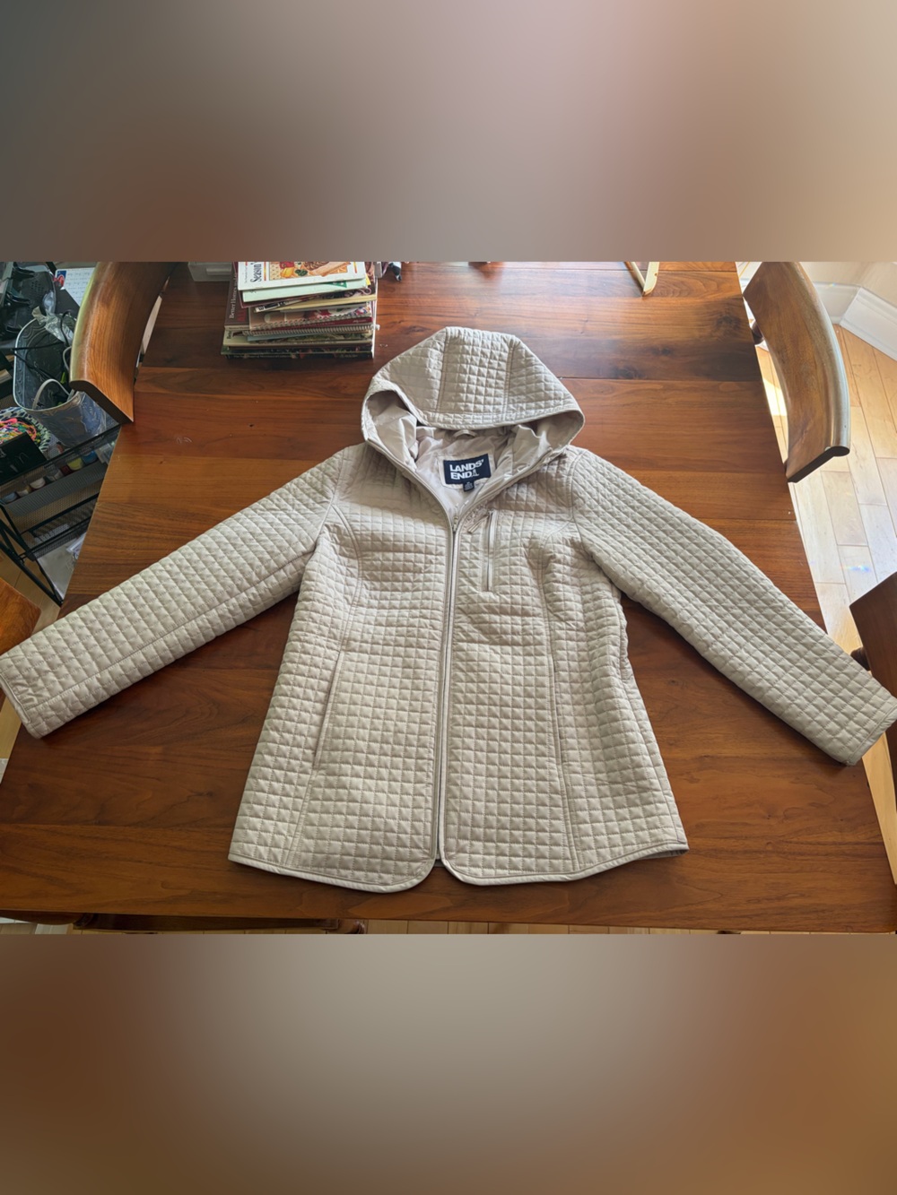 Lands’ End Khaki Stone Quilted Hooded Lightweight Zip Jacket Coat Size M